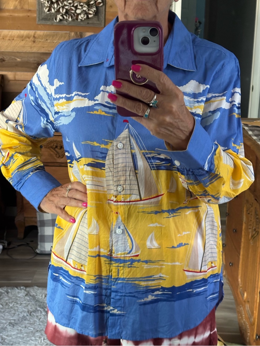 Nautica Blue and Yellow Sailboat Print Button-Down Shirt